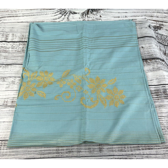 Vintage Blue Rectangular Dining Room Table Cloth w/ Gold Cross Stitch Flowers - Picture 1 of 11